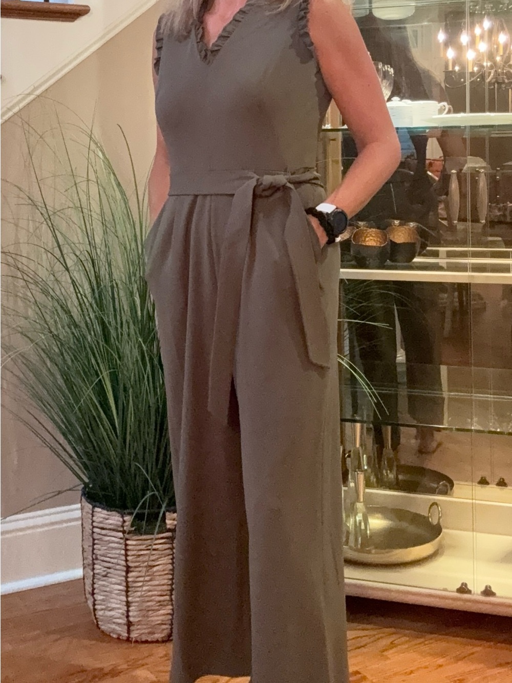 Calvin Klein Olive Sleeveless V-Neck Wide-Leg Jumpsuit with Waist Tie